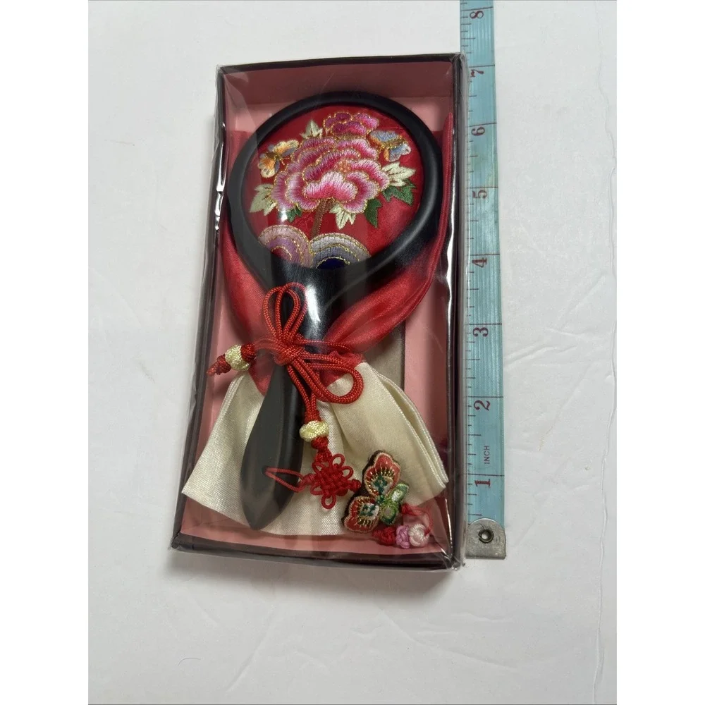 Embroidery Hand Mirror With‎ Peony Pattern New, Red